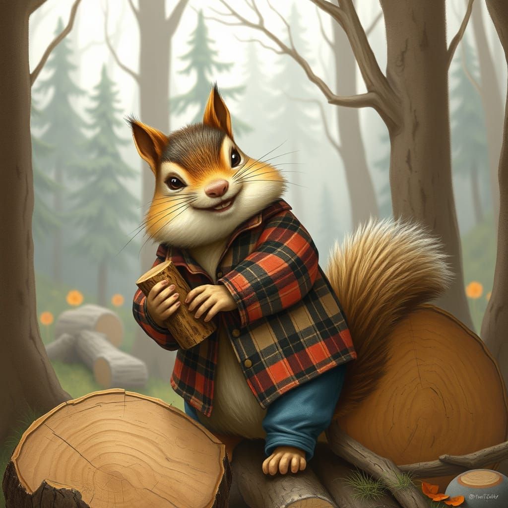 Whimsical Woodchuck Chucking Wood in Cozy Forest