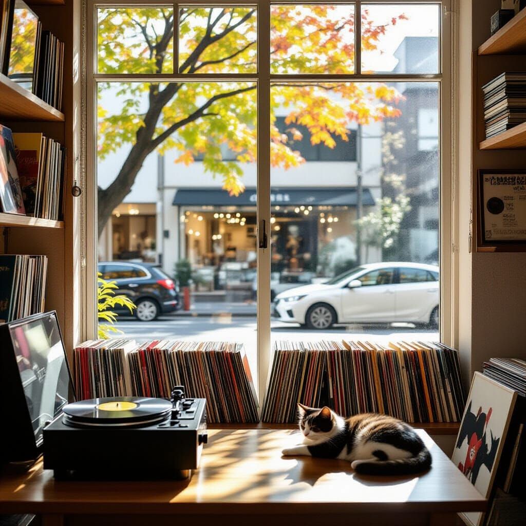 Serene Tokyo Storefront with Records and Snoozing Cat