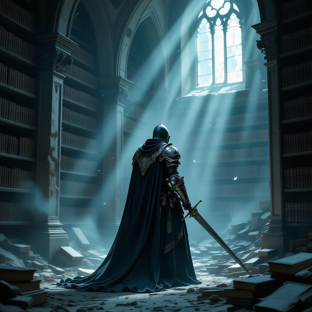 Knight in Gothic Armor Before Ancient Library