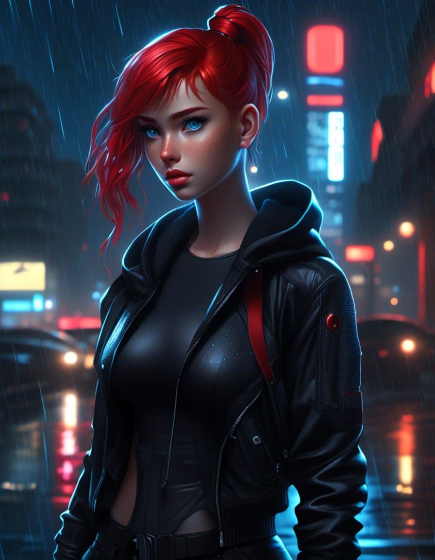 Sad 1girl, Red Short Ponytail Hair, Blue Multilayered Eyes, Black Street Clothes, Freckles, City Street, Rain Night, Hig...