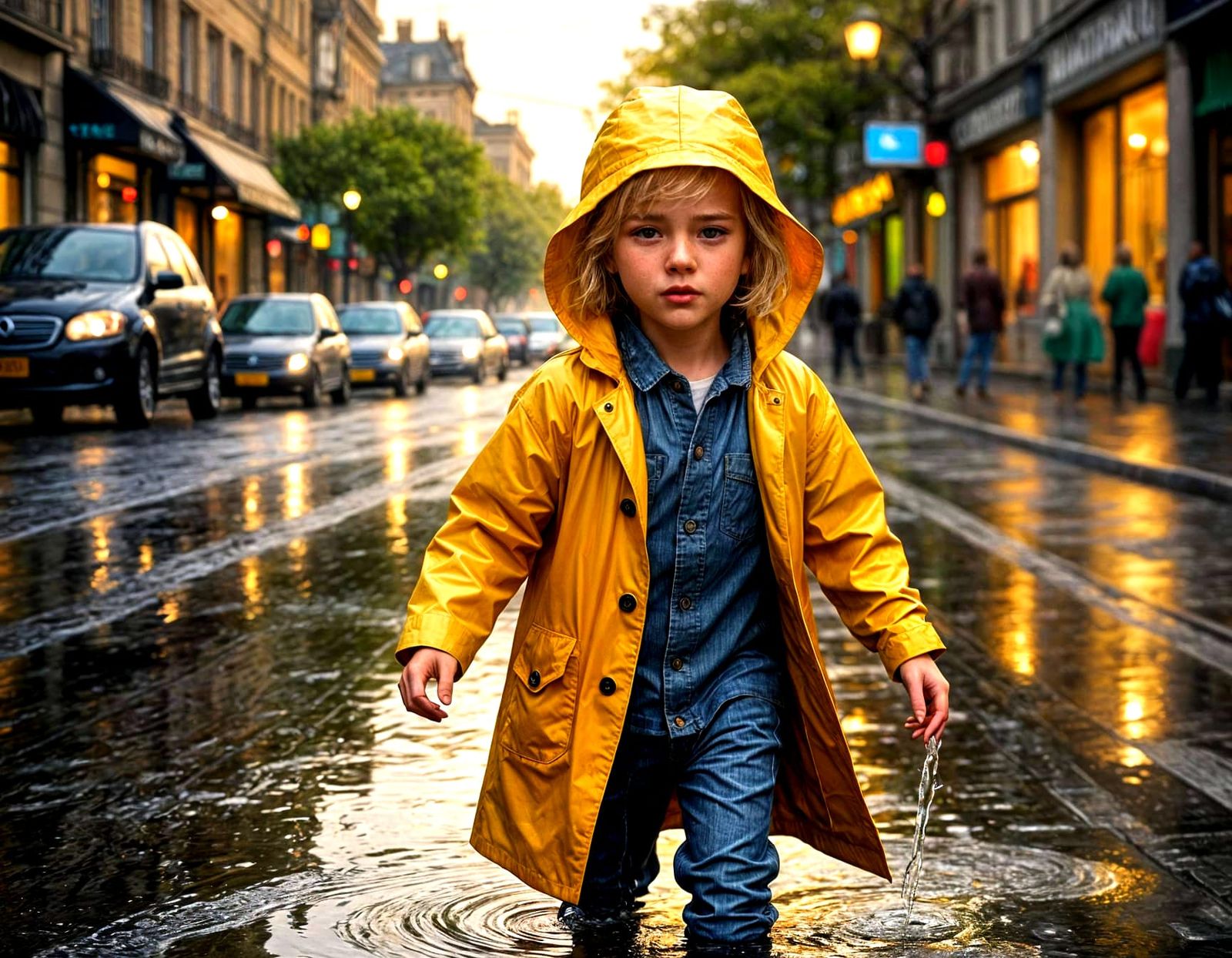 Child Splashing in Summer Rain: Hyperrealistic 1950s Scene