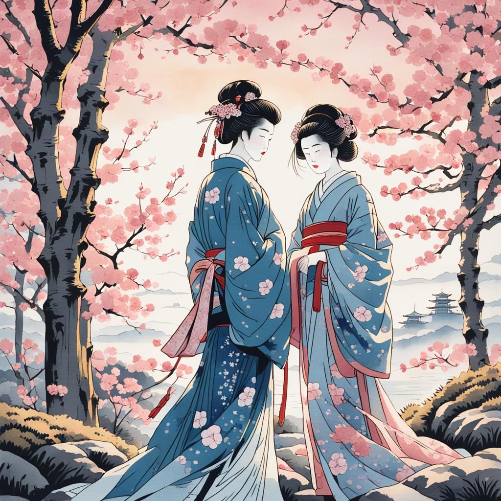 Geisha and Samurai in Japanese Woodblock Print