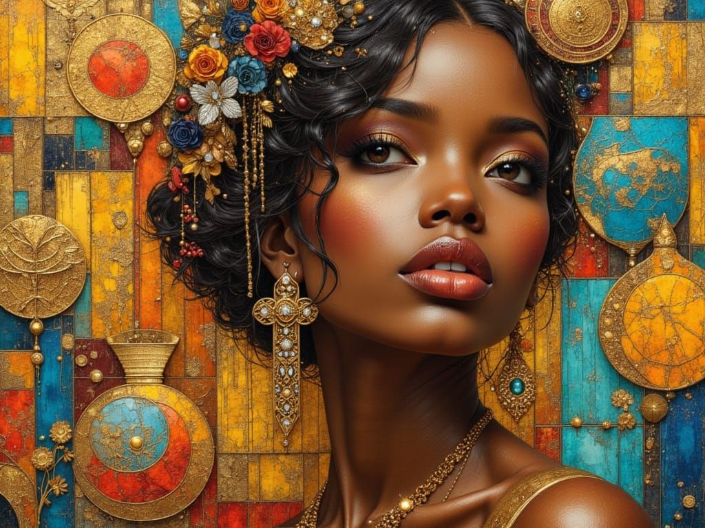 Beautiful Black Woman with Diamond Cross in Mixed Media Coll...