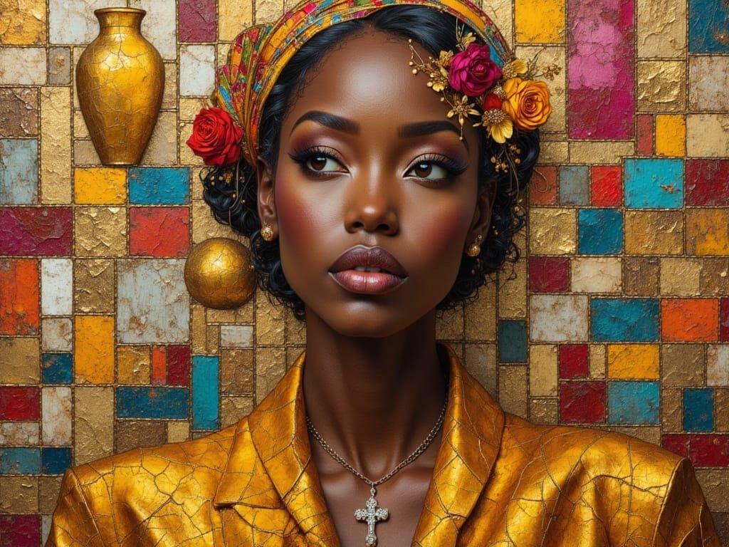 Mixed Media Portrait of a Black Woman with Diamond Cross