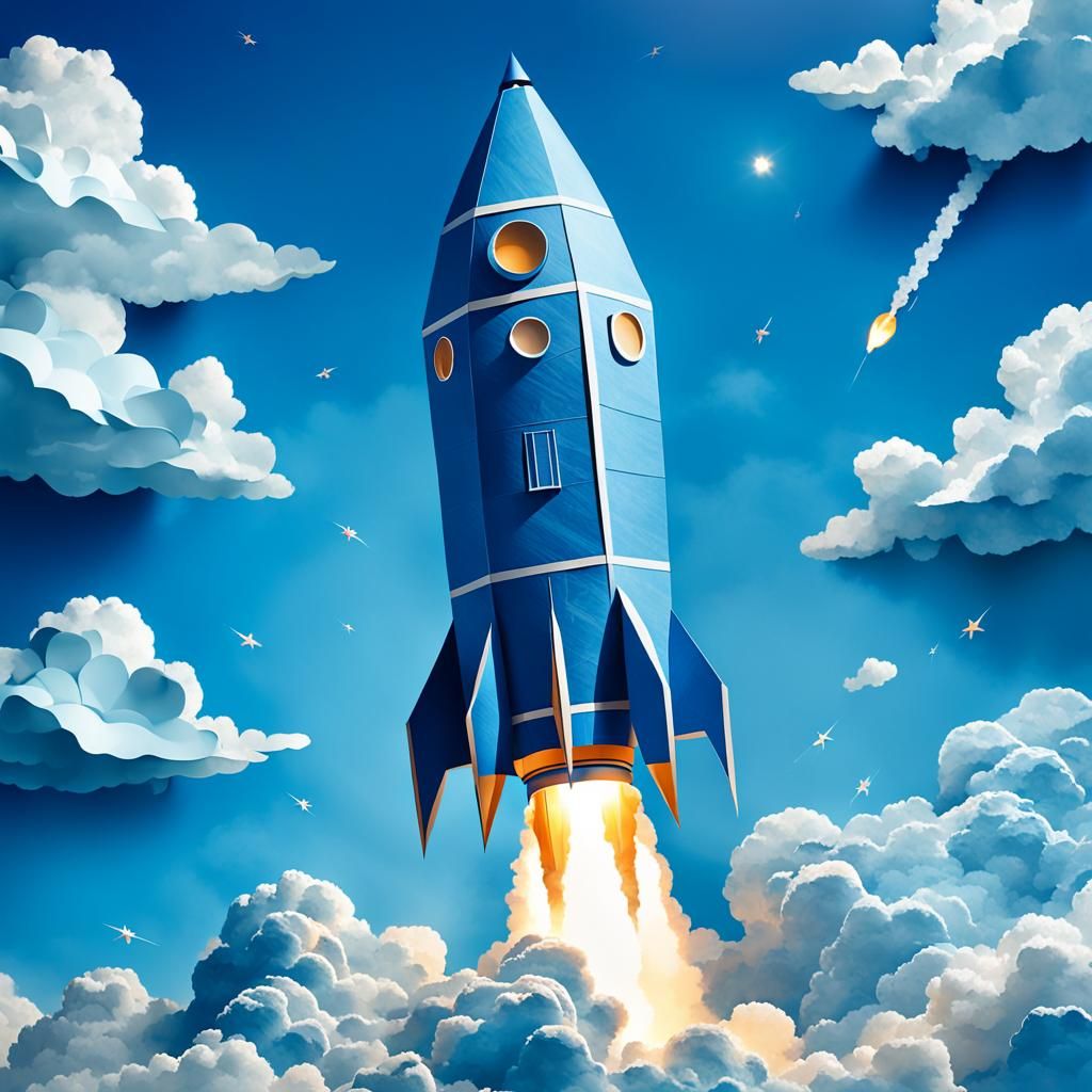 Blue Paper Rocket Flying in Cloudy Sky