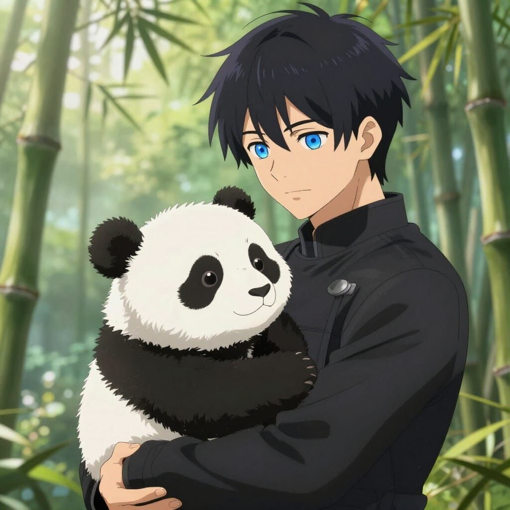 Anime Man Holding Cute Baby Panda in Bamboo Forest