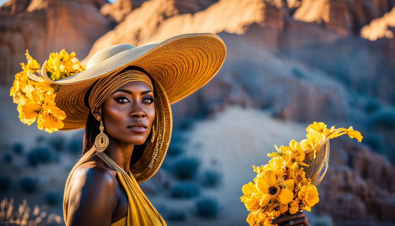 Woman with Flower Hat in Desert Canyon