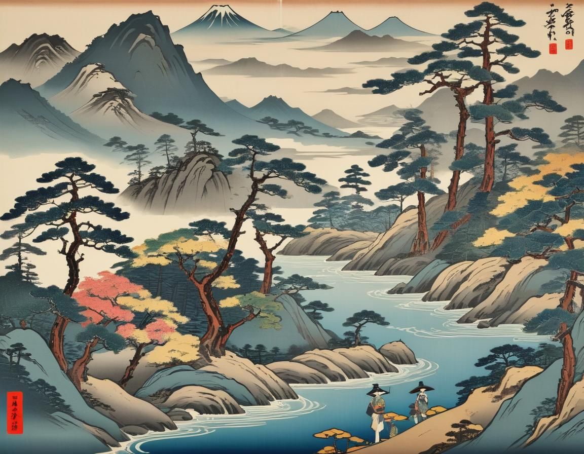 Japanese Landscape in Ukiyo-e Style