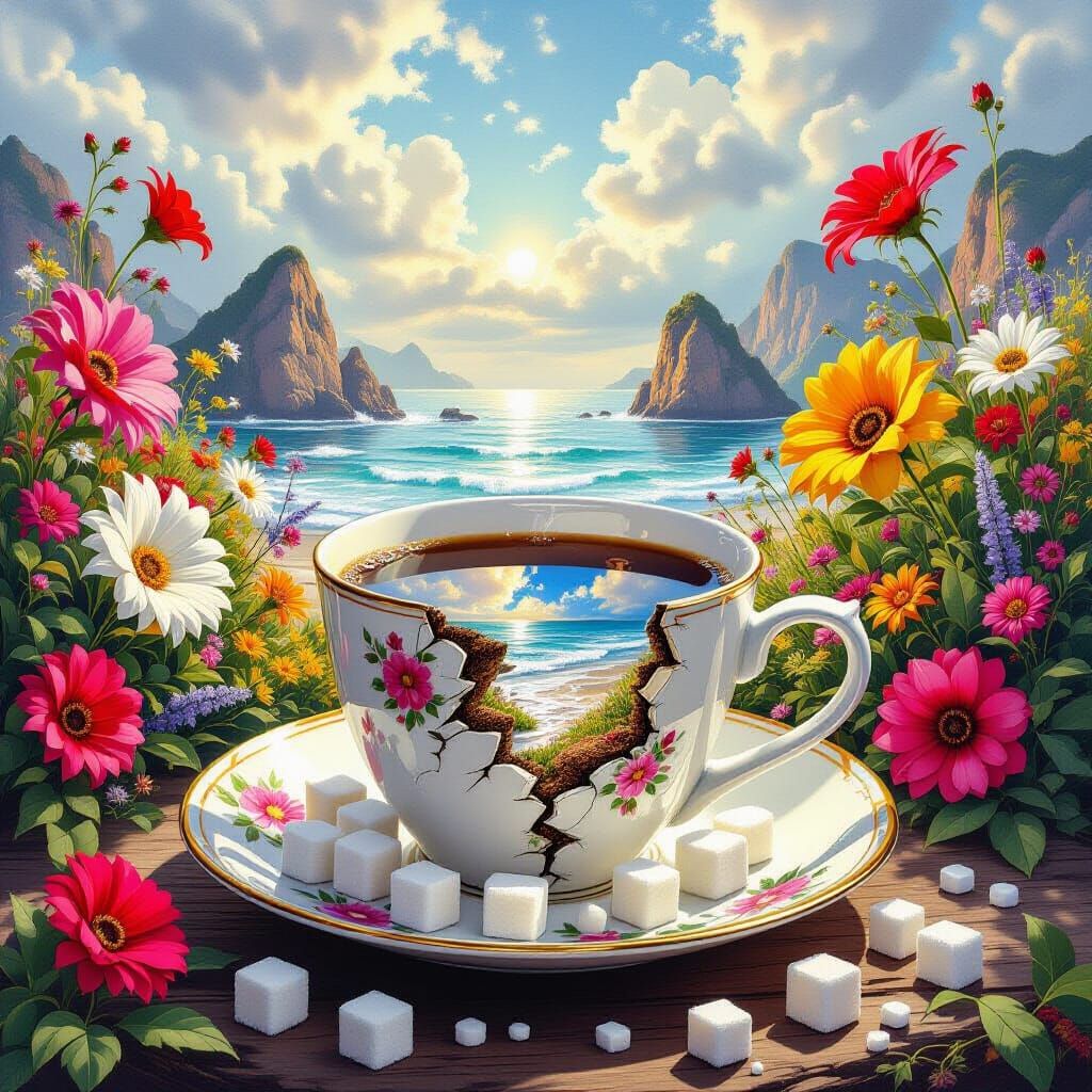Floral Islandscape Inside Broken Coffee Cup