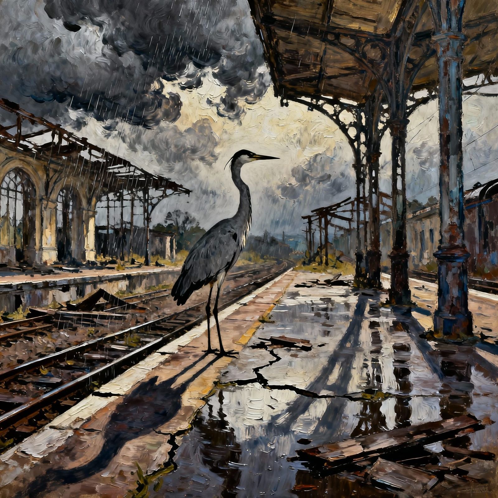 Lone Heron in Ruined Train Station, Impasto Style