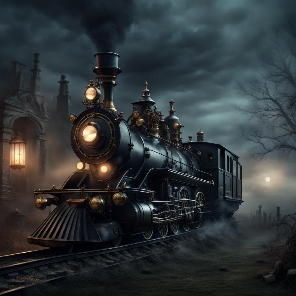 Steampunk Locomotive in Haunted Victorian Graveyard