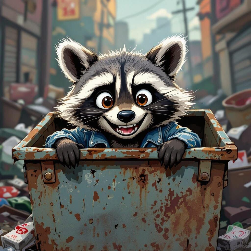Cartoon Raccoon in Dumpster, Animated Style