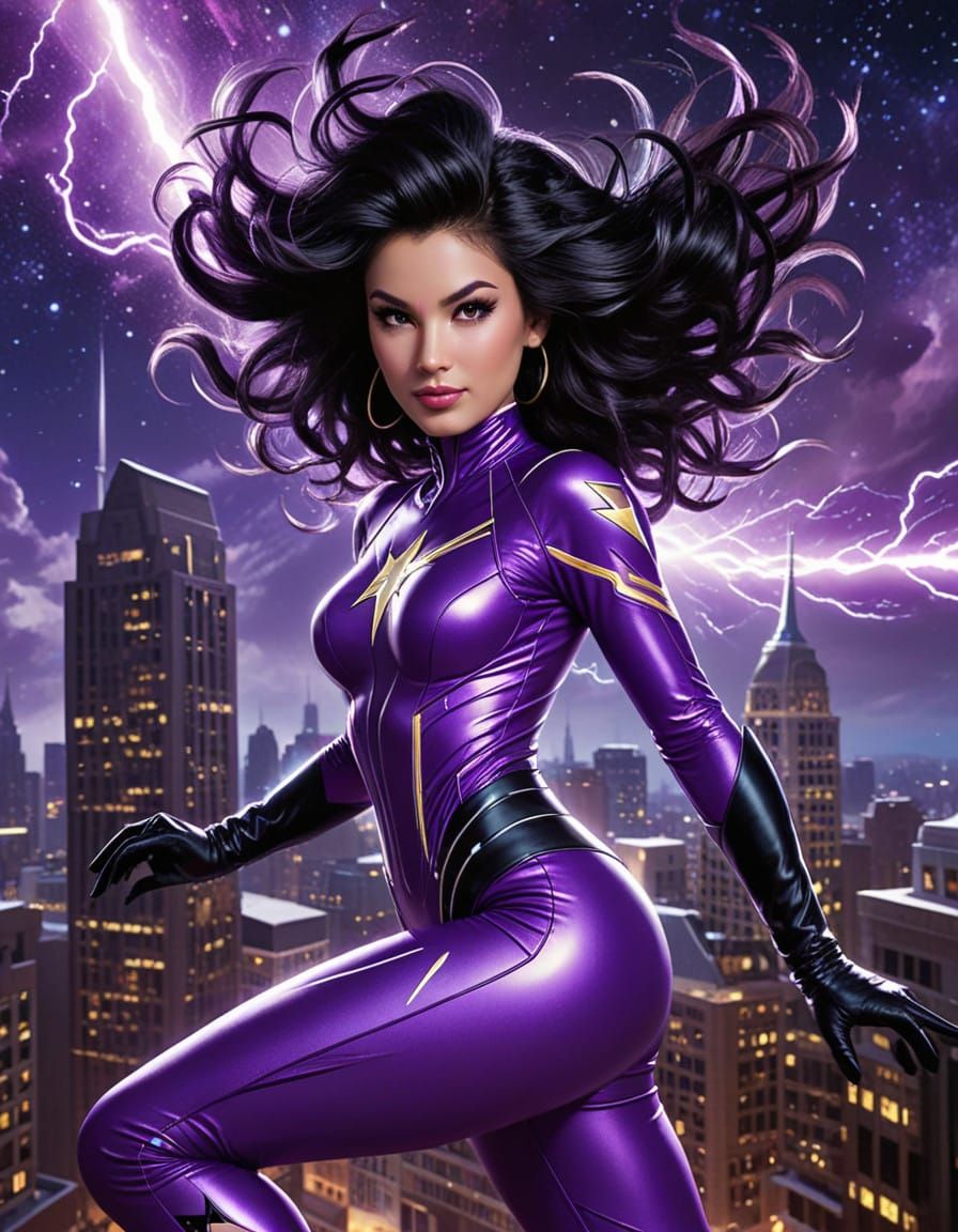 Fifties Superhero Girl Soars Over Cosmic City in Retrofuturi...