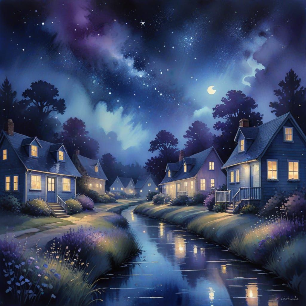 Dreamy Watercolor of a Summer Night Sky Over a Sleepy Town