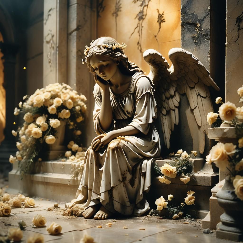 Ethereal Angel Weeps in Abandoned Mausoleum
