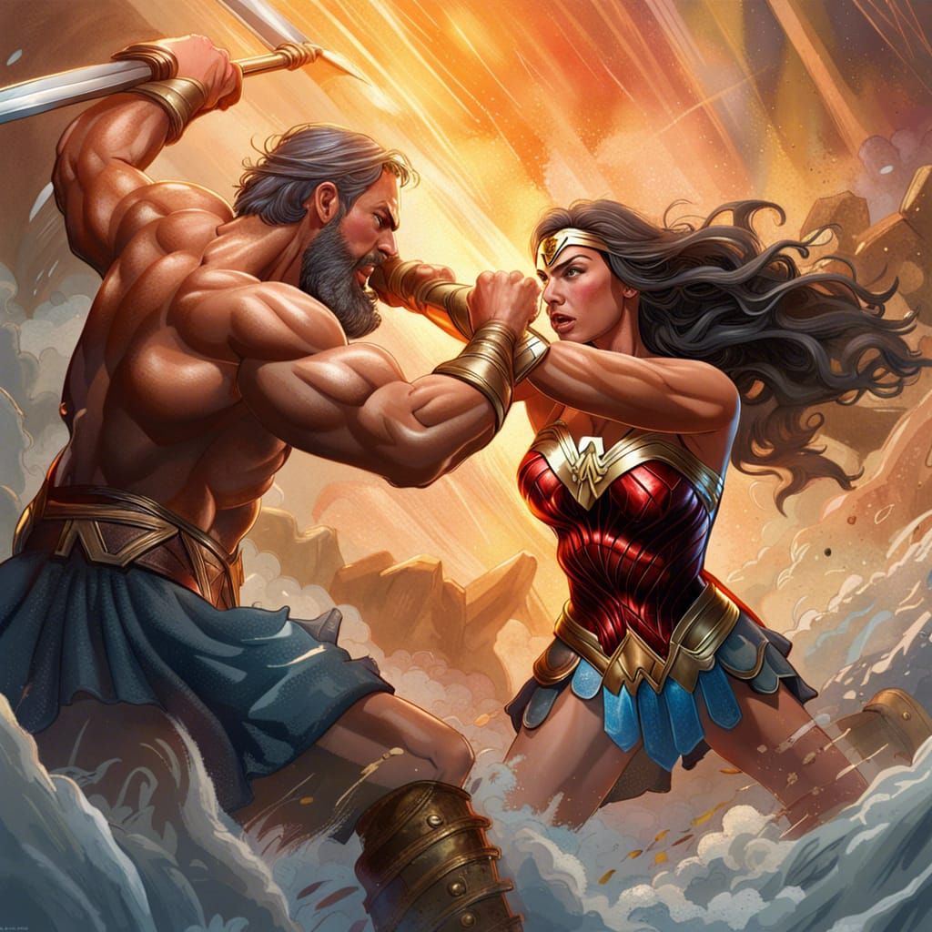 Wonder Woman vs Hercules: Hyperrealistic Splash Art