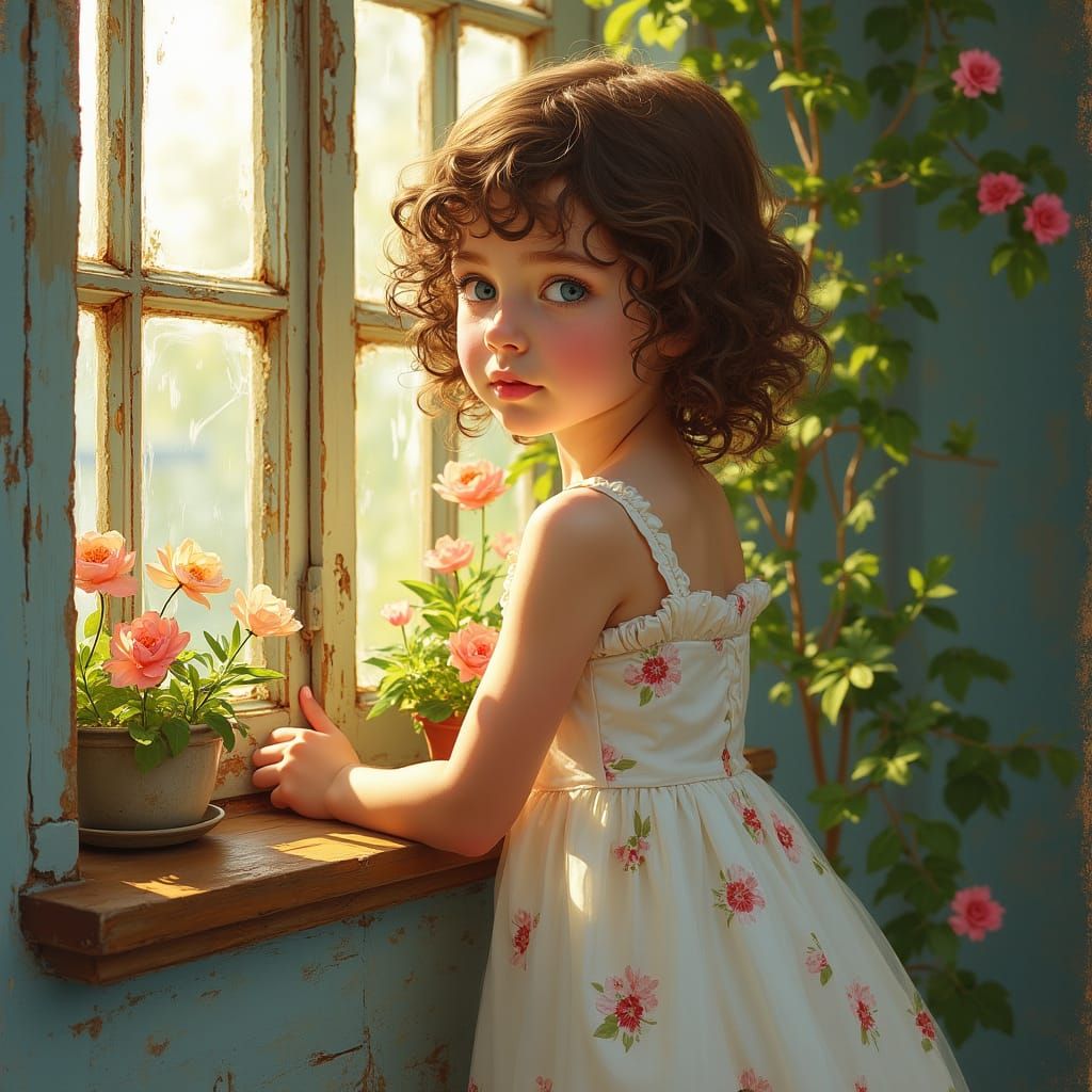 Girl Contemplating Morning's Gentle Light in Impressionist S...