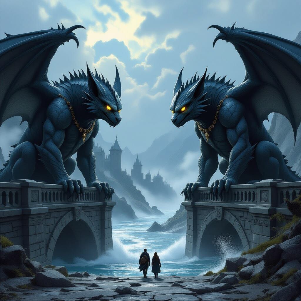 Stone Gargoyles Guarding Bridge Over Raging Black River