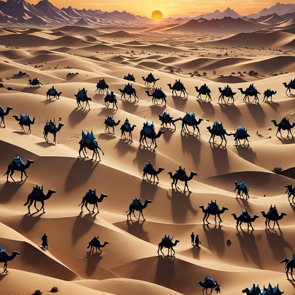 Desert Travelers at Sunset in Hyperrealistic Style