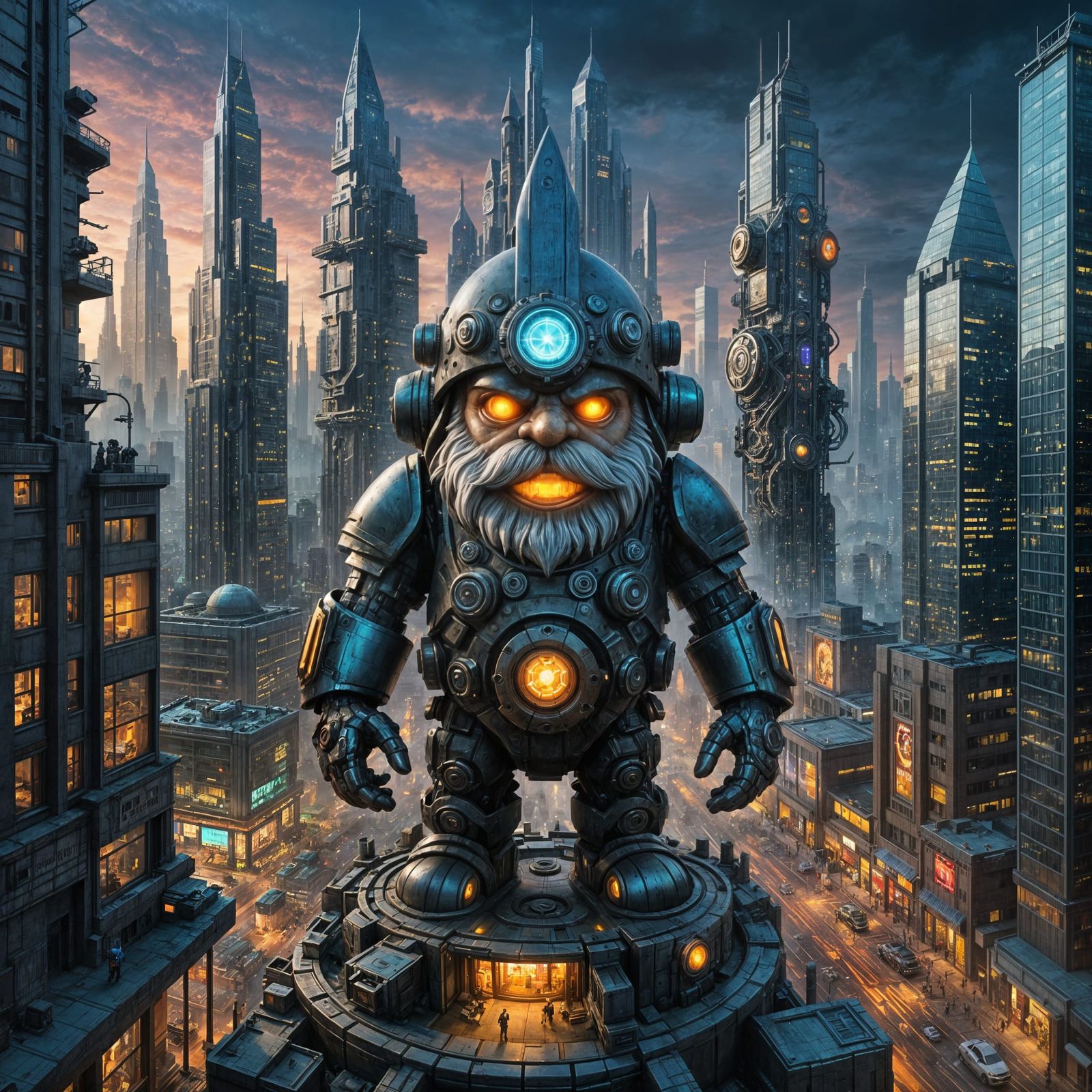 Futuristic Cybernetic Gnome in Neon Cityscape