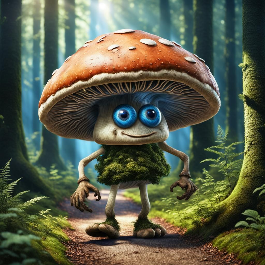 Mushroom Character Walking in Forest: Digital Matte Painting