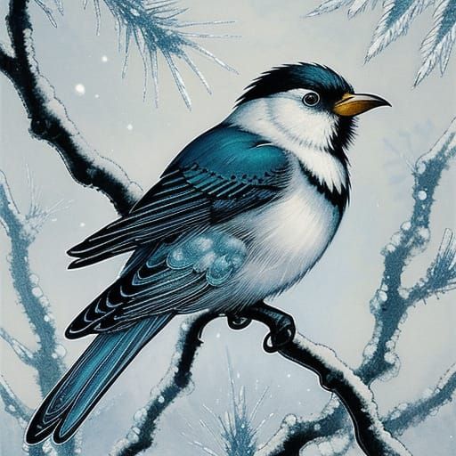 Ethereal Crystal Bird in Modern European Ink Painting Style