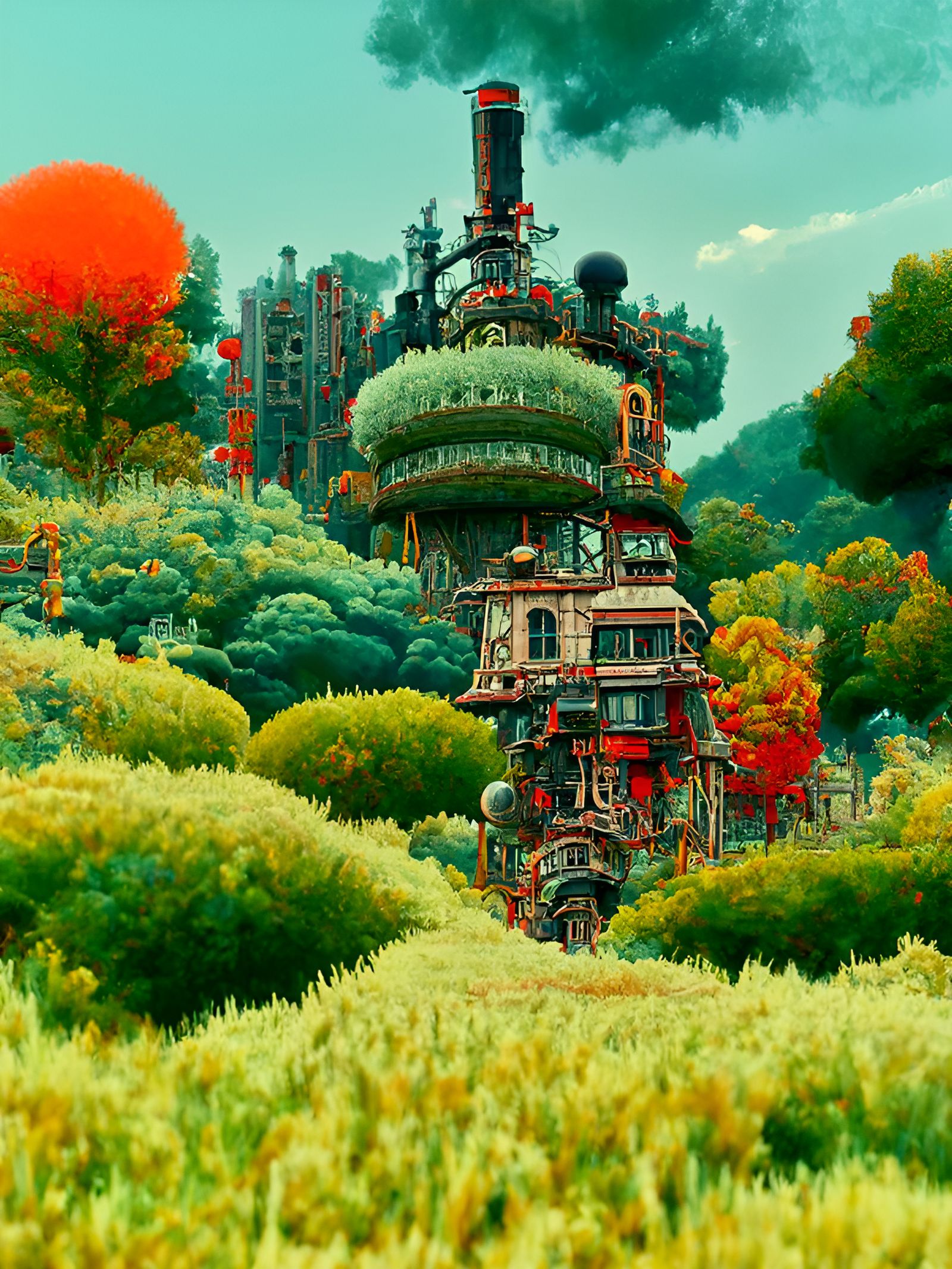 Surreal Towers in Lush Field, Digital Illustration