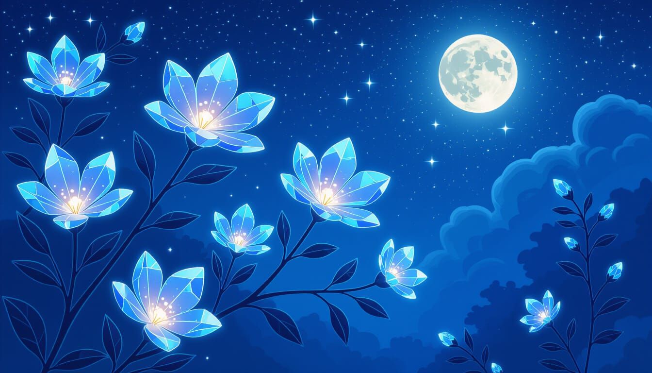 Glowing Crystal Flowers in Magical Night Scene