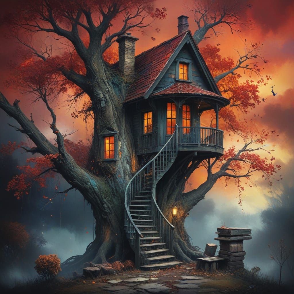 Abandoned Tree House in a Vibrant Autumn Landscape