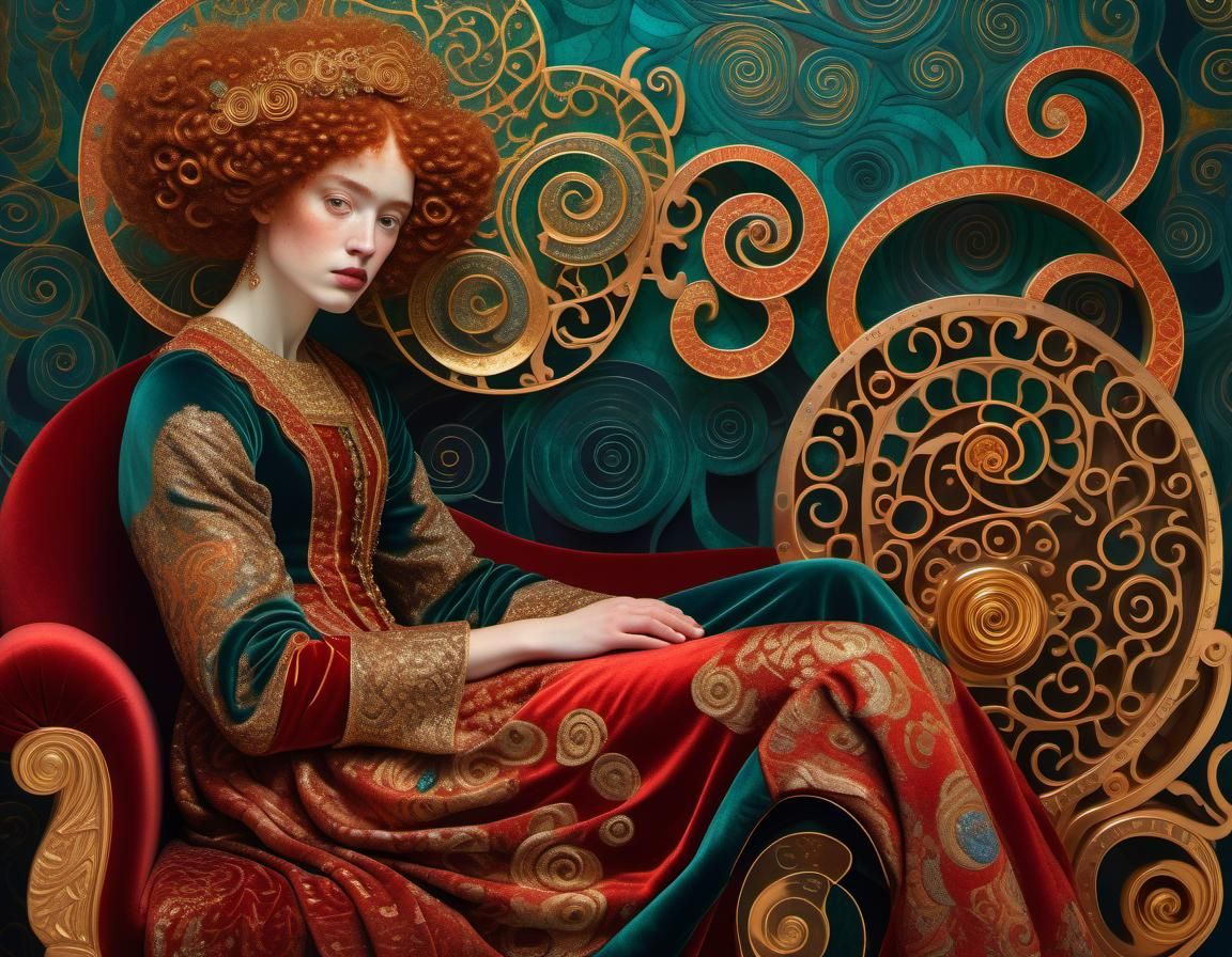 Golden Goddess Amidst Copper Spirals in Luxurious Baroque Sp...