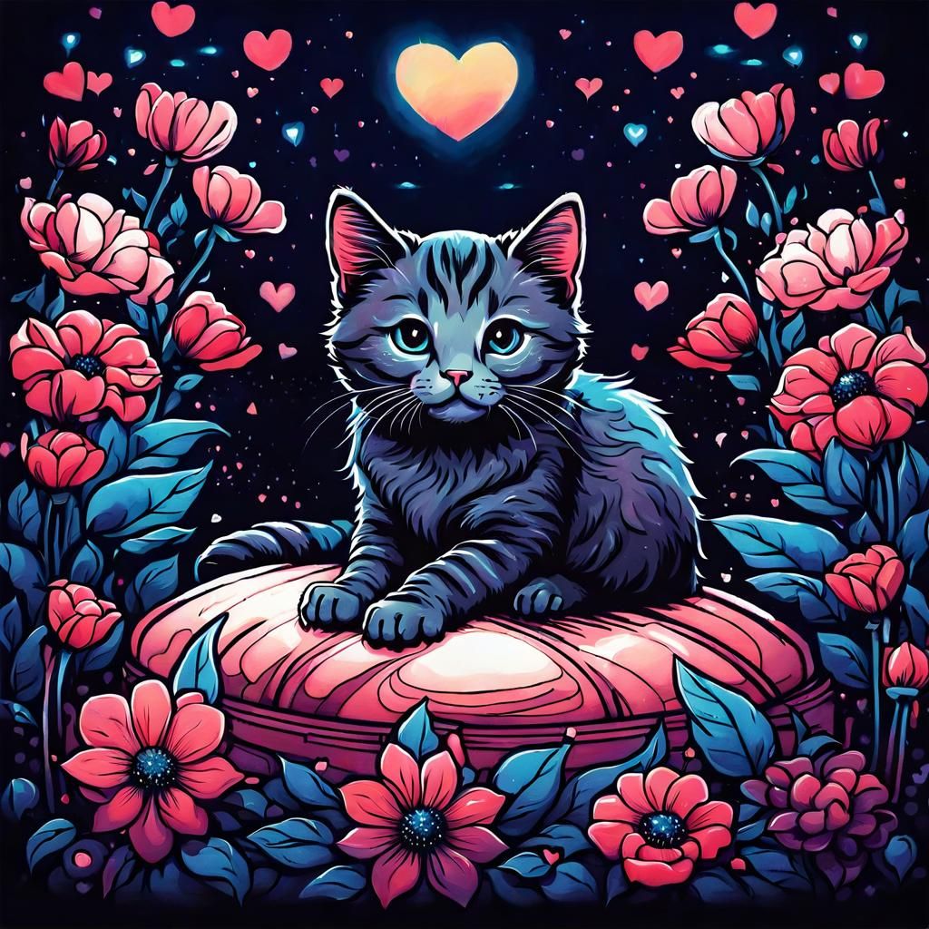 Cute Cat Surrounded by Flowers: Digital Illustration