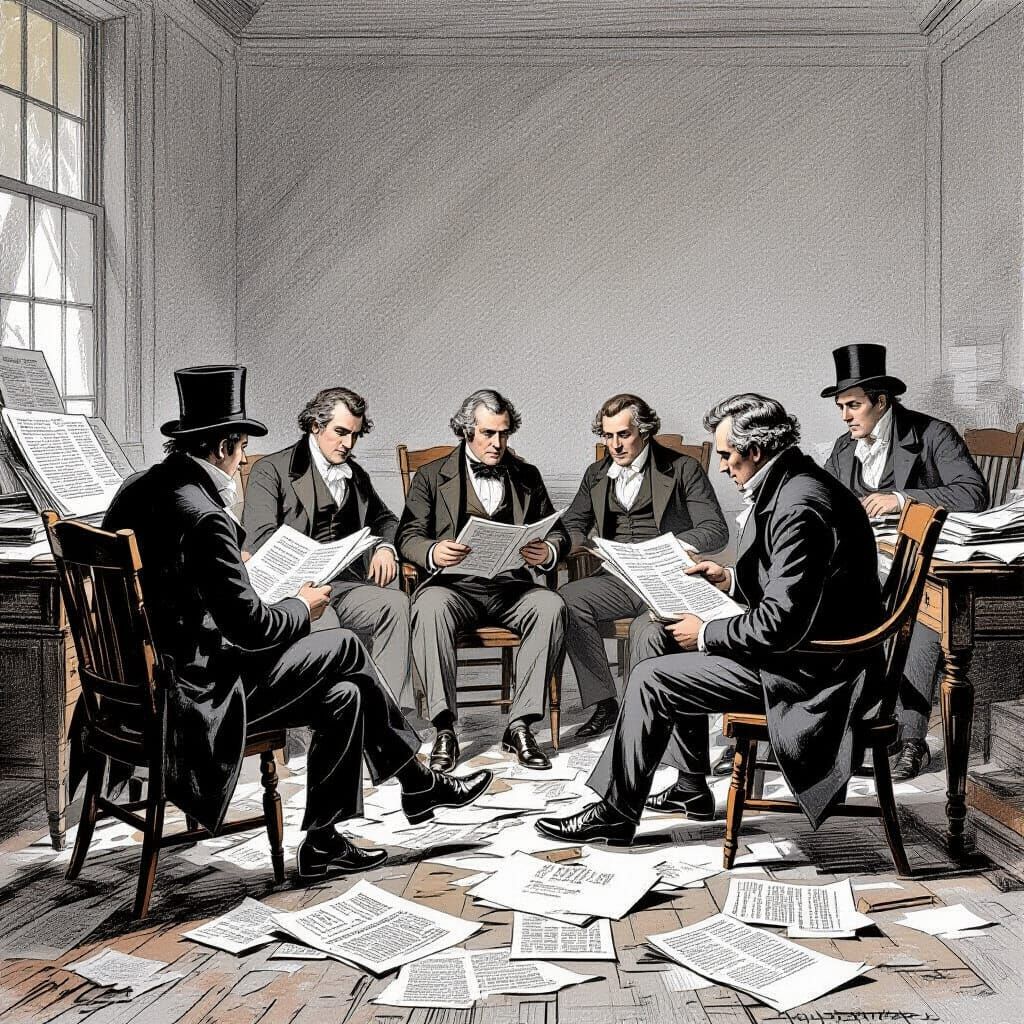 1838 Newspaper Office Chaos in Woodcut Style