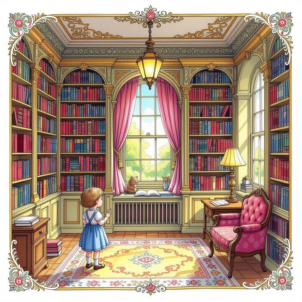 Charming Old-Fashioned Library in Colored Pencil Style