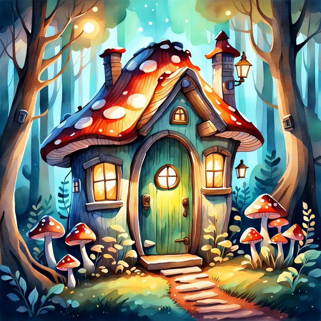 Cozy Mushroom House in Forest, Watercolor Sketch
