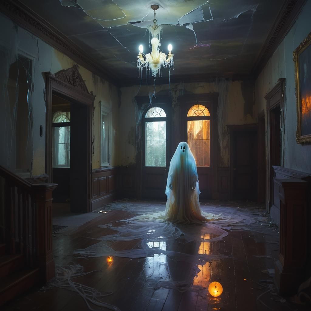 Ethereal Ghost Portrait in Decaying Haunted Mansion