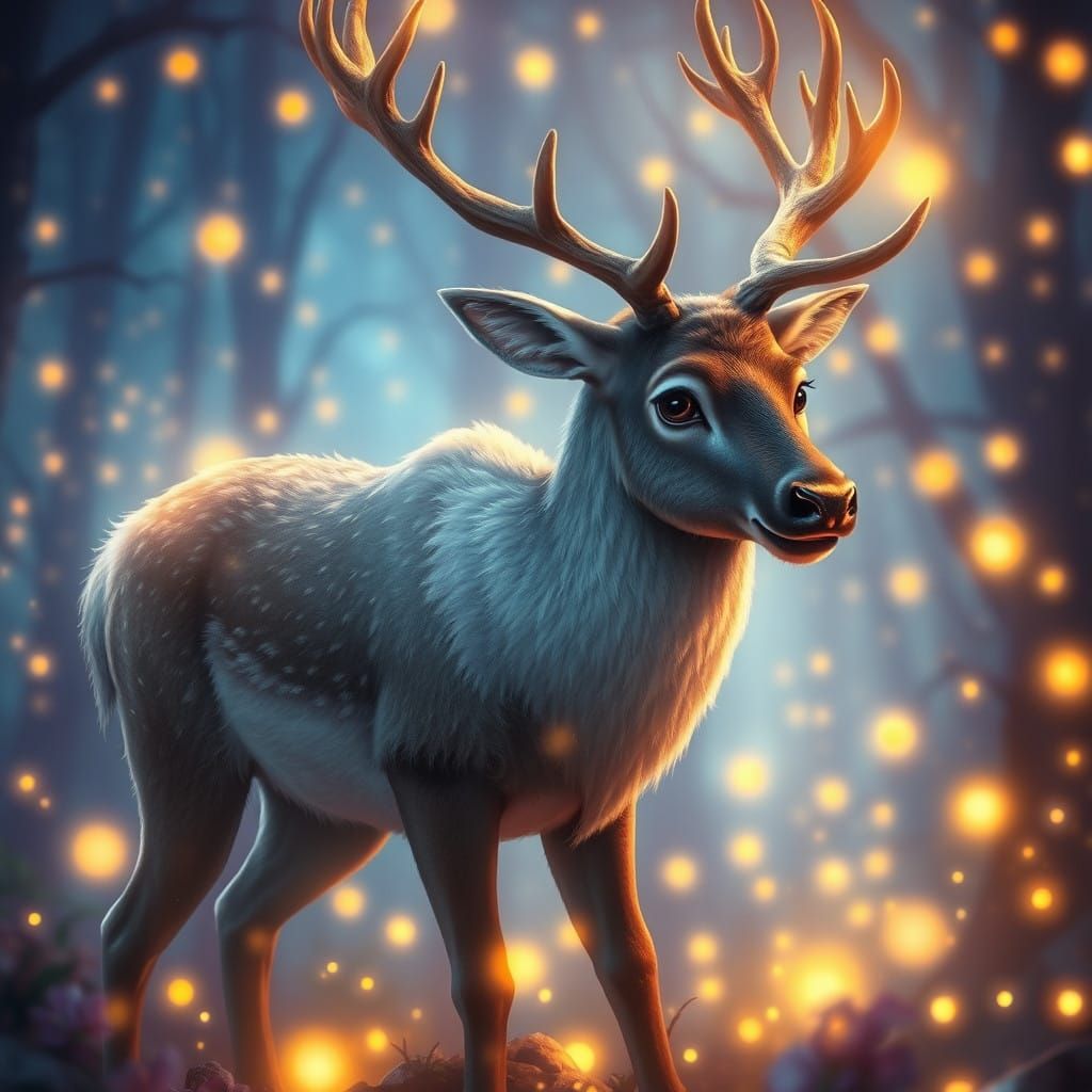 Enchanted Reindeer Amidst Whimsical Fireflies