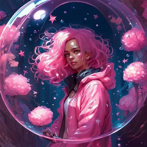 Anime Woman in Bubble with Flowers and Stars