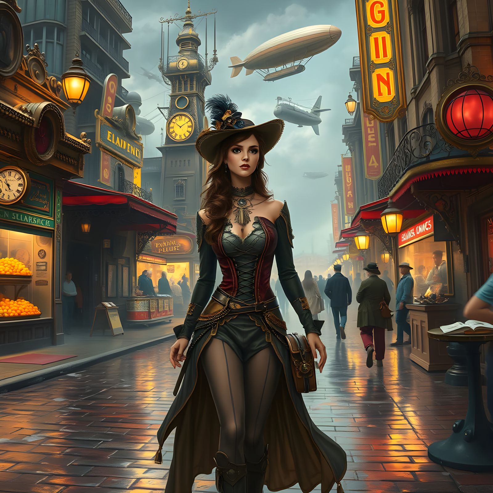 Steampunk City Marketplace with Woman and Automatons