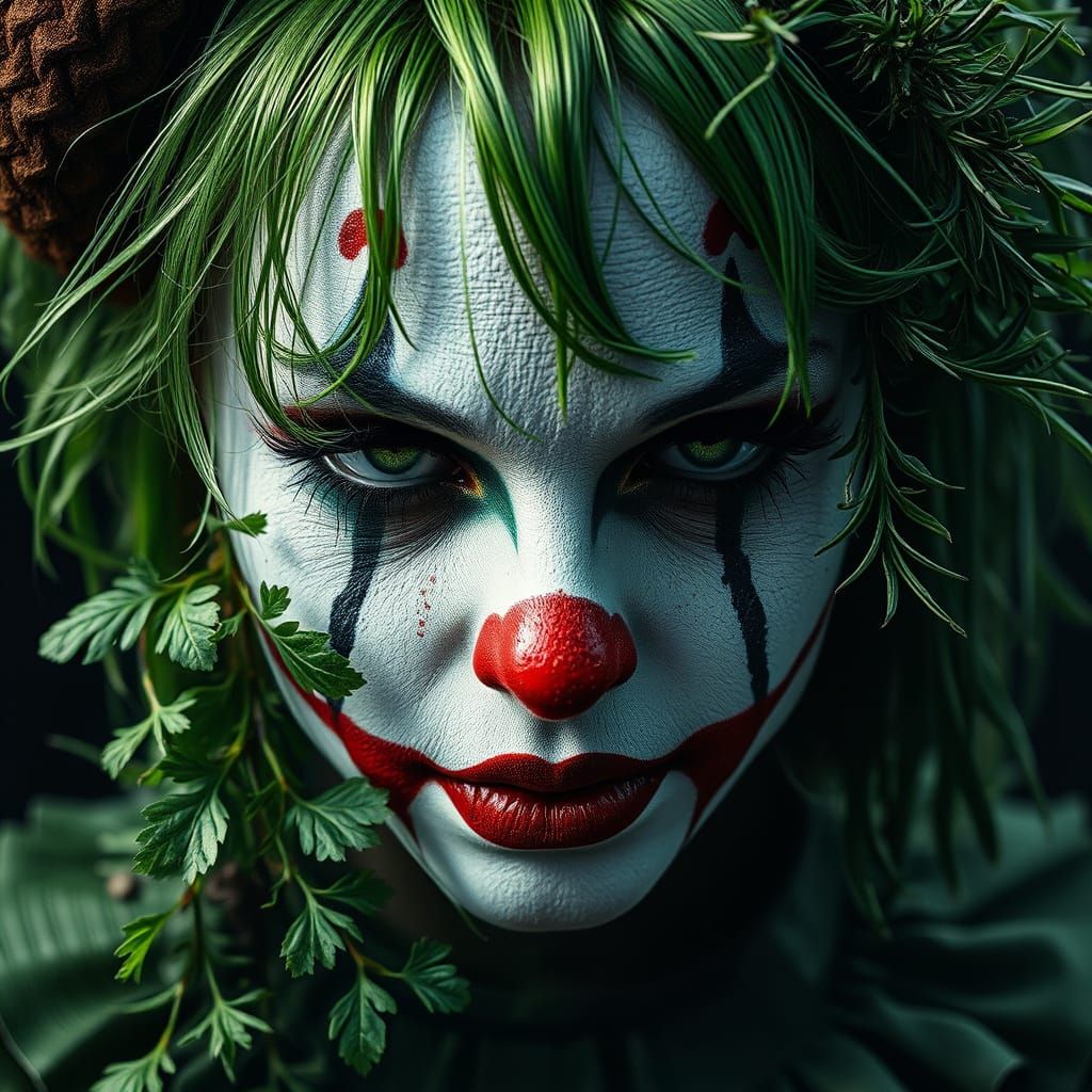 Female Clown With Green Hair Amidst Wet Botanicals