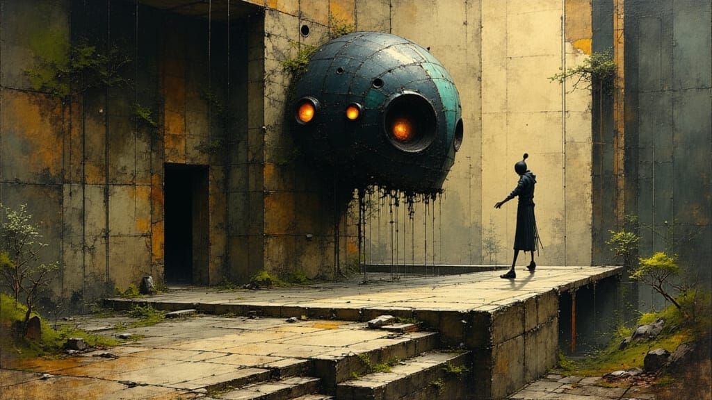 Ancient Relic Malfunction in Mystical Temple, Ominous Art