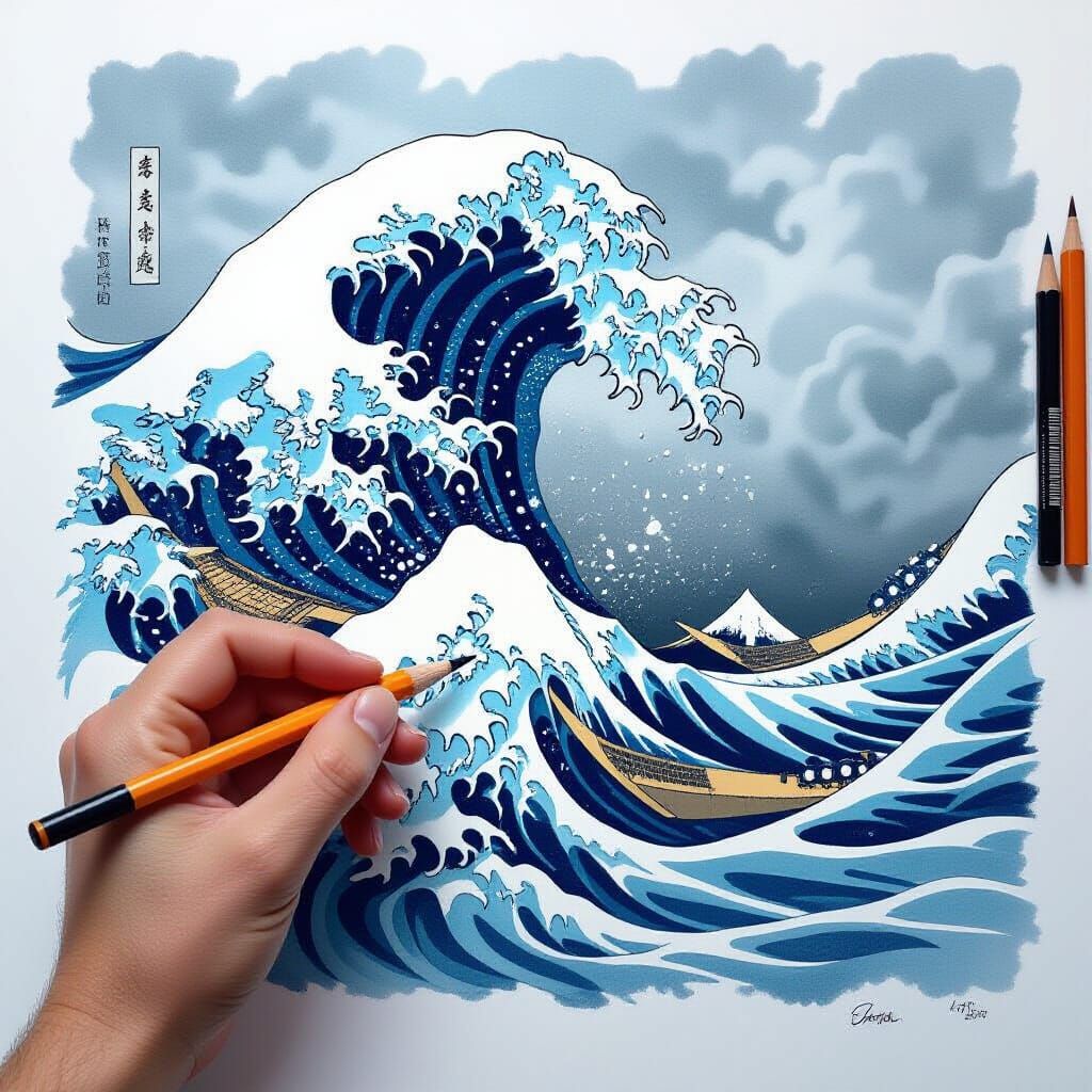 Hand Drawing a Colossal Tsunami in Photorealistic Style