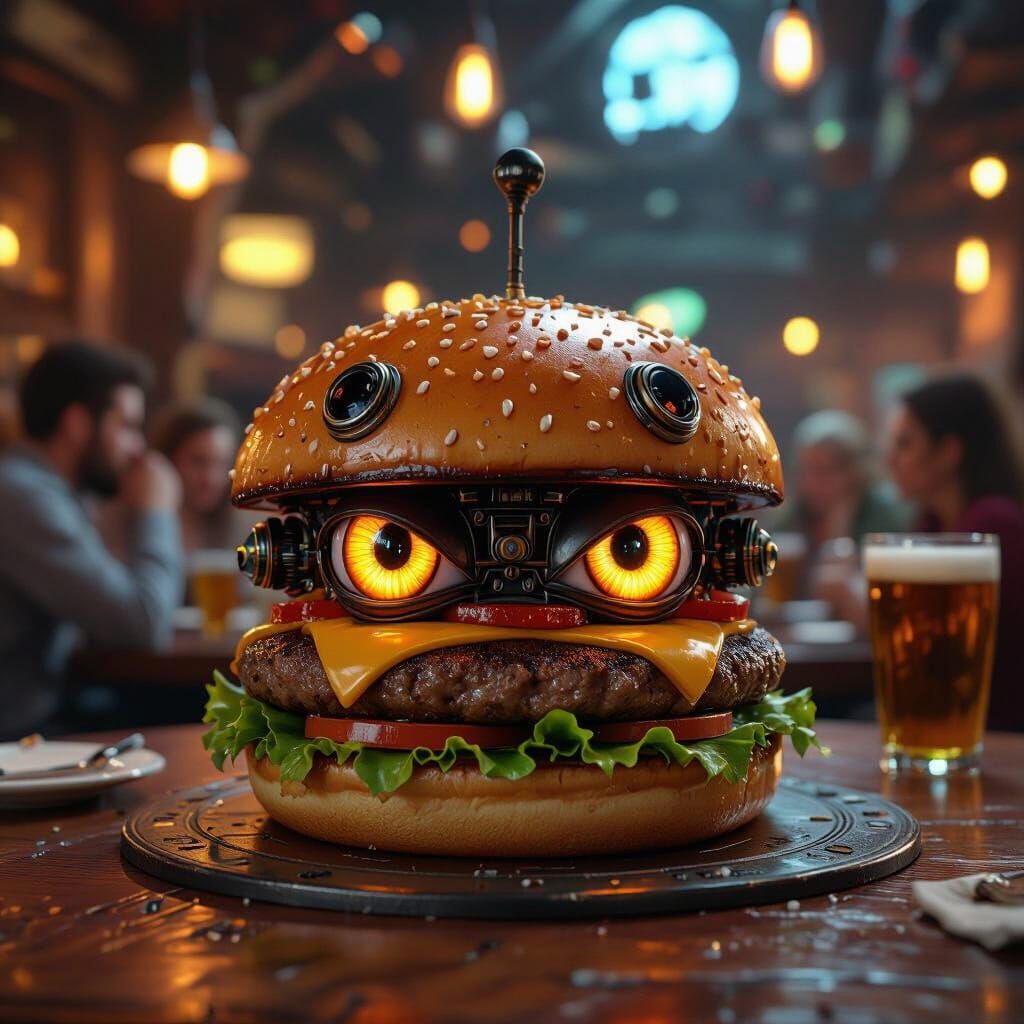 Animated Hamburger Character in a Busy Pub