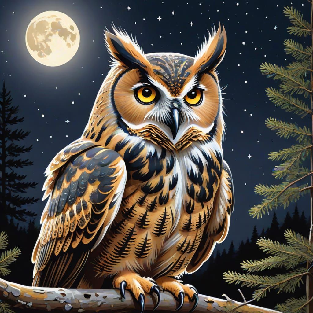 Majestic Owl in a Moonlit Night Sky
