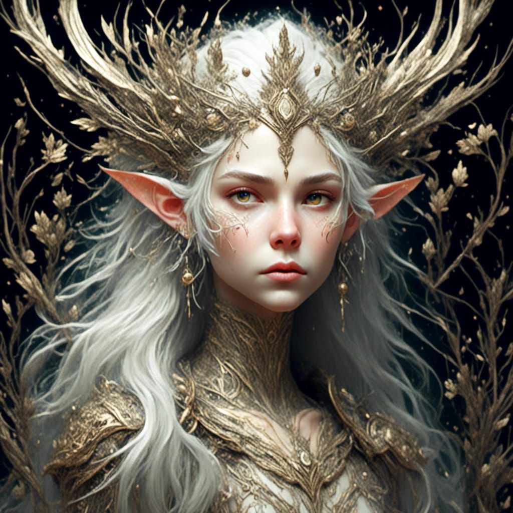 Art Nouveau Elf with Twig Crown and Silver Hair