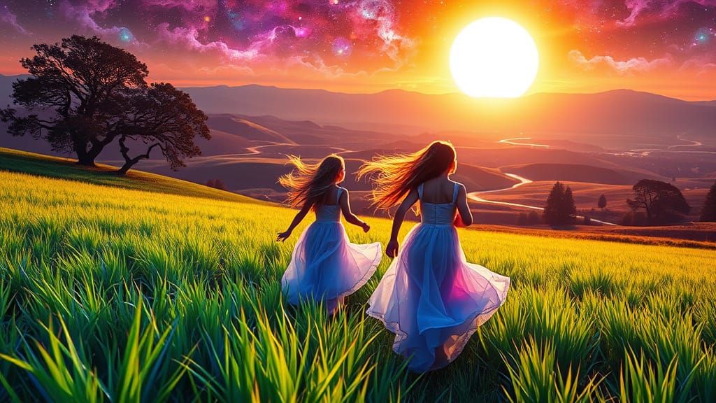 Girls Run Through Luminous Landscape in Vibrant Colors