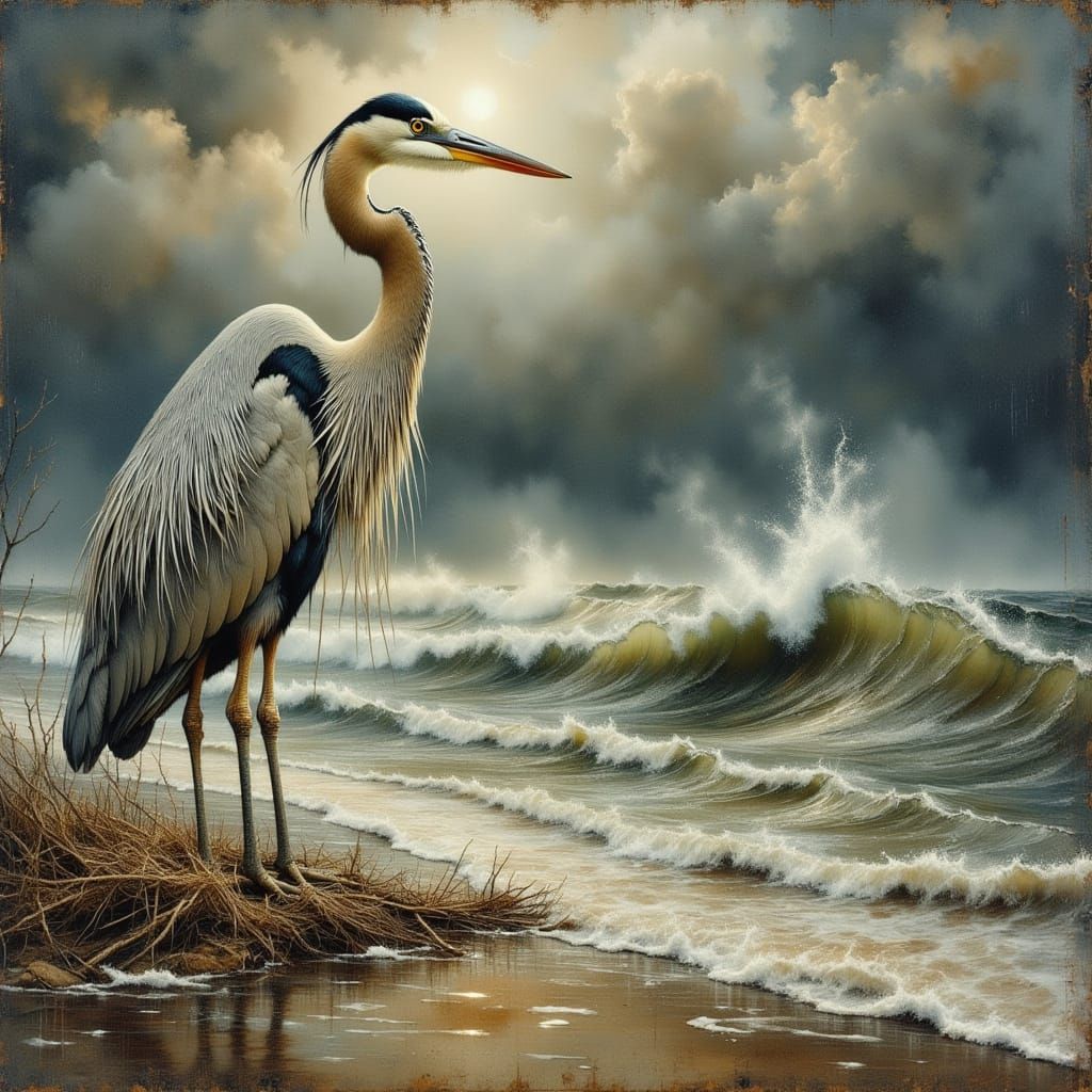 Heron at Stormy Ocean Edge in Naturalistic Style