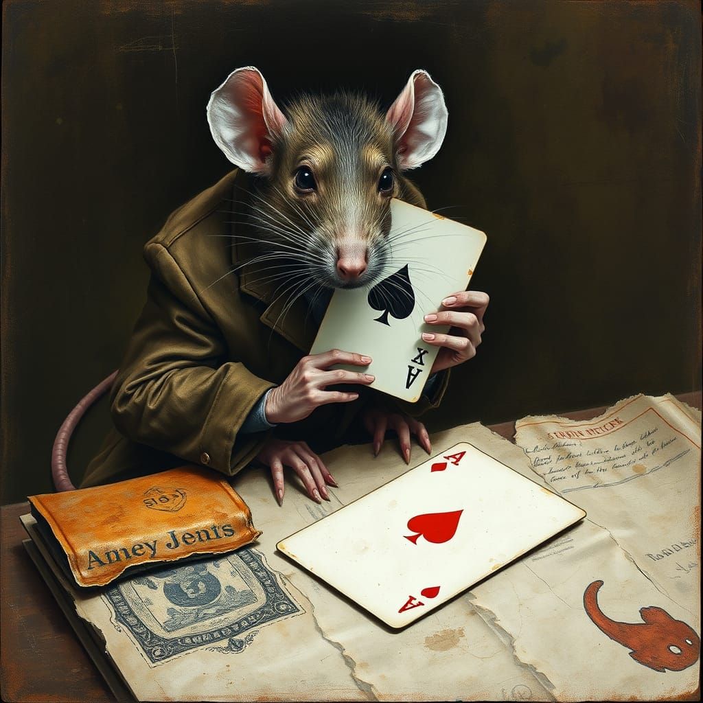 Gritty Surrealist Rat Plays High-Stakes Card Game