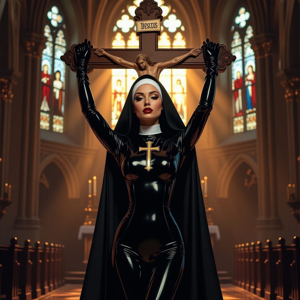 Gothic Church Scene: Latex Nun on Ornate Cross