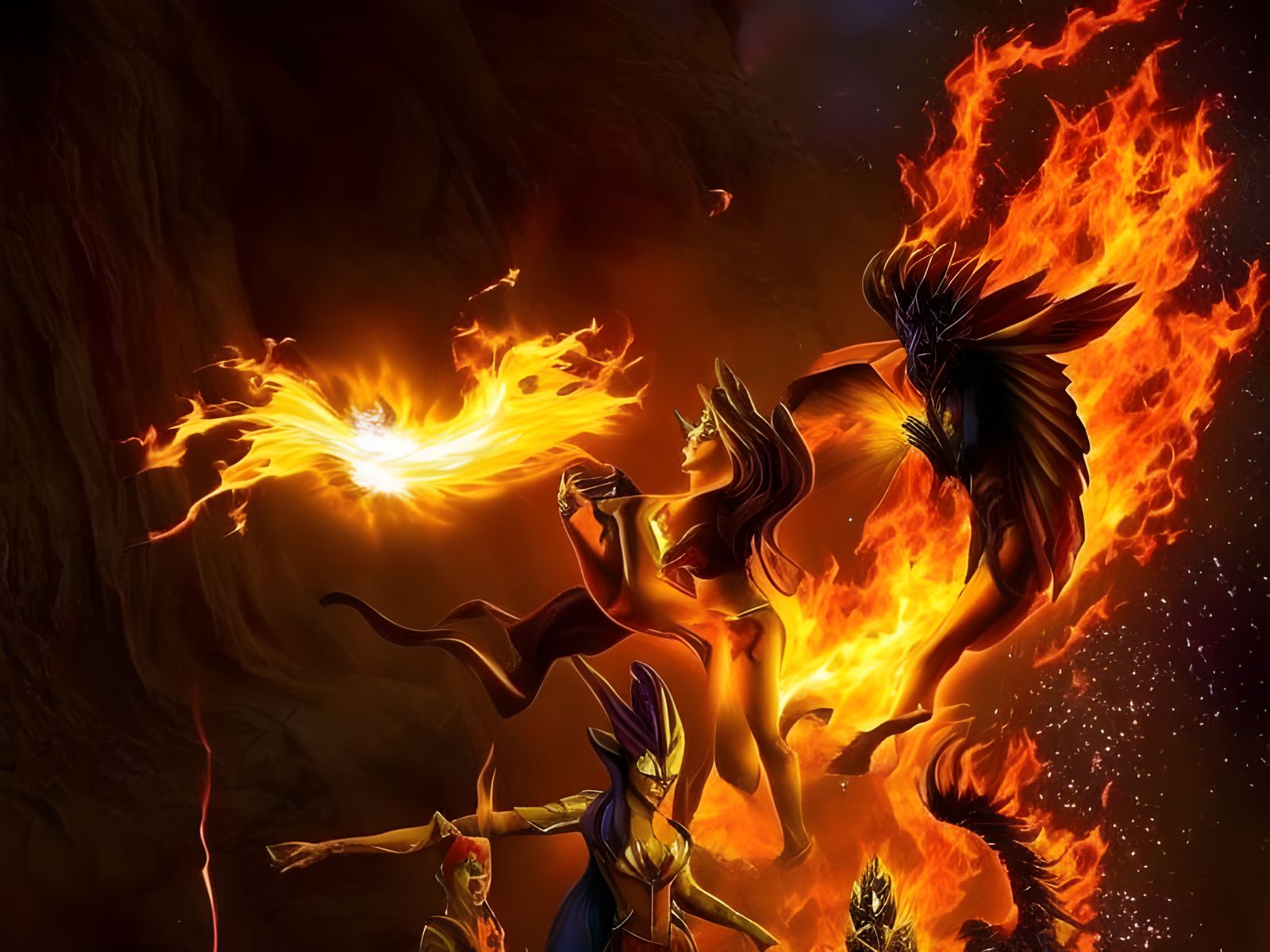 Colorful Fire Entities Dance in Fantasy Landscape