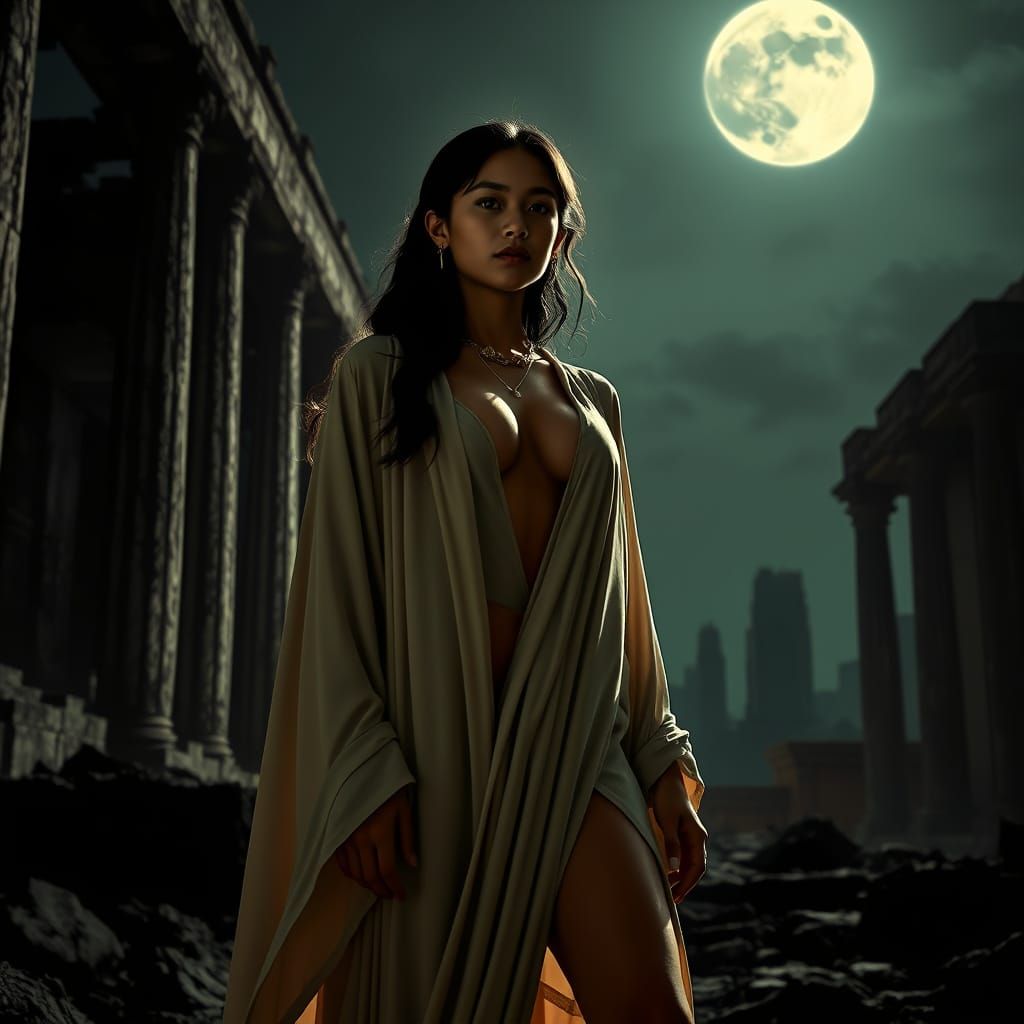 Filipina Woman in Elegant Robes Amidst Ancient Ruins
